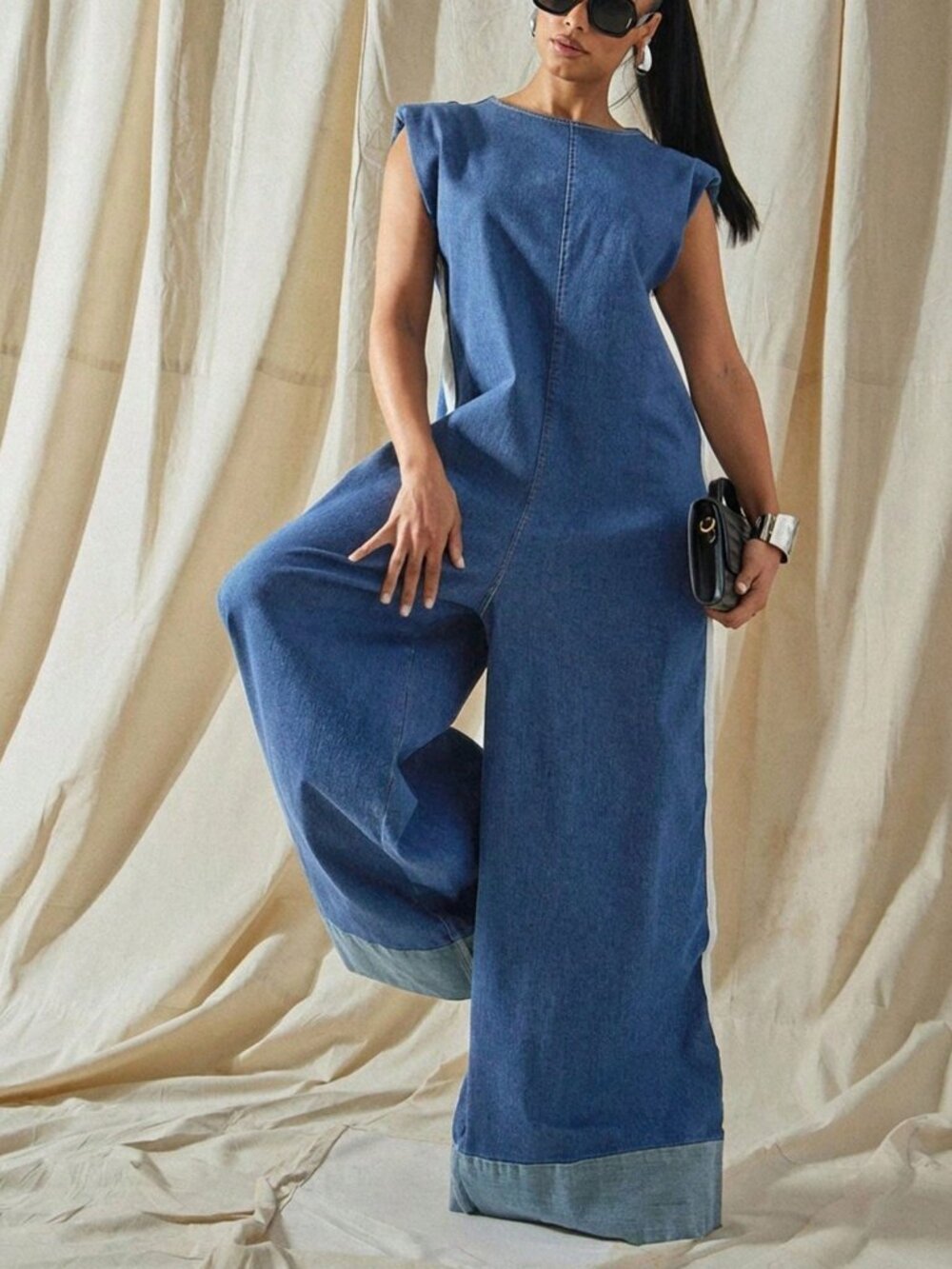 Medium Wash Elegant Women's Backless Wide Leg Jumpsuit